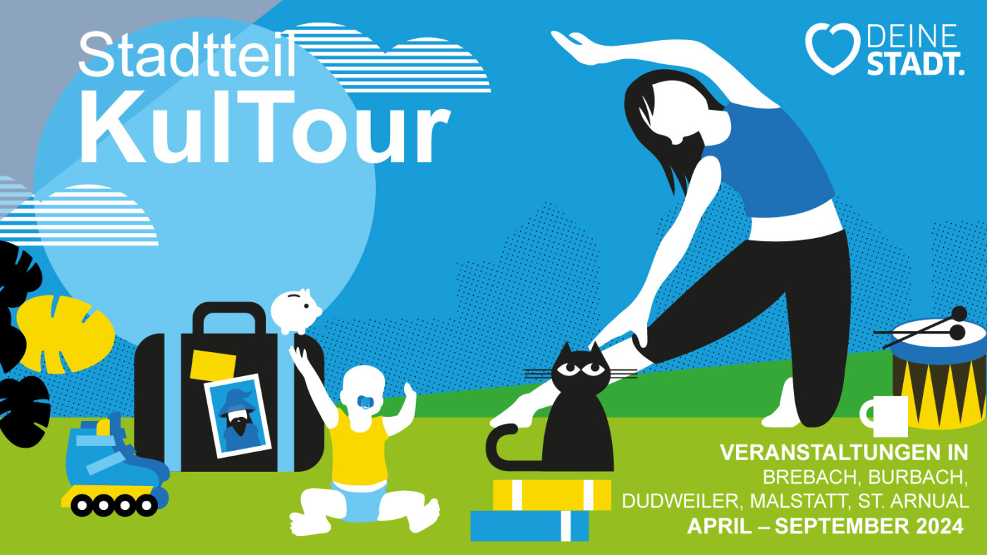 blaue Grafik mit Yaga-praktizierender Frau, Baby, schwarzer Katze und Freizeitmotiven