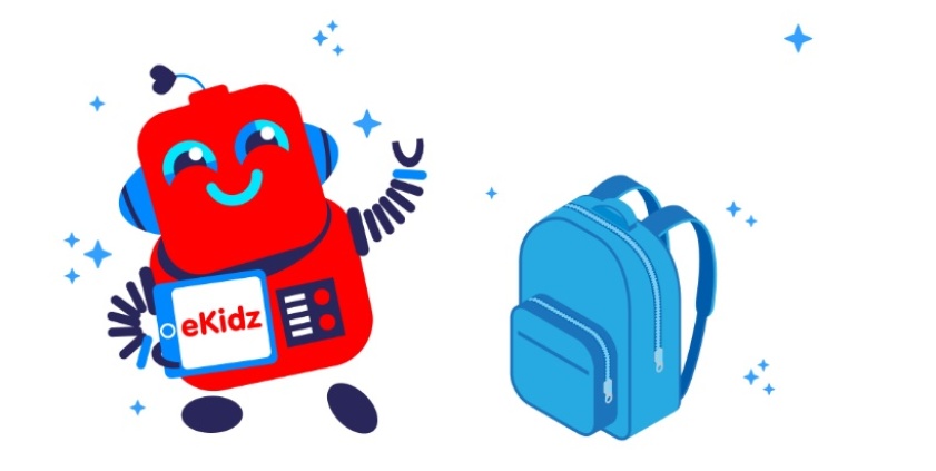 llustration zur eKidz-App mit Roboter und Rucksack llustration zur eKidz-App mit Roboter und Rucksack