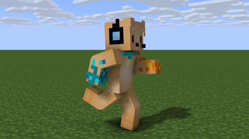Das Bild zeigt eine laufende Minecraft-Figur, die eine grüne Wiese im Laufschritt überquert. Die ganze Szenerie besteht aus sichtbar zusammengesetzten Blöcken aus der Minecraft-Welt.