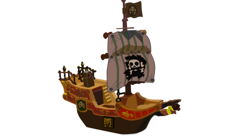 Das Bild zeigt eine Vektorgrafik eines Piratenschiffs. Es ist ein Steuerrad zusehen sowie ein großes Segel mit einem Totenkopfmotiv. Auch darüber weht eine kleinere Flagge mit Totenkopf. Das Unterteil des Schiffes ist braun und erinnert an Holz, darüber i