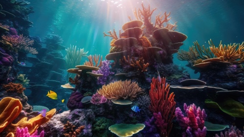Das Bild zeigt eine Unterwasseraufnahme eines farbenfrohen Korallenriffs. Sonnenlicht dringt durch die Wasseroberfläche und beleuchtet die vielfältigen Korallen, Schwämme und Fische. Die Farben sind intensiv und reichen von leuchtendem Gelb und Orange bis