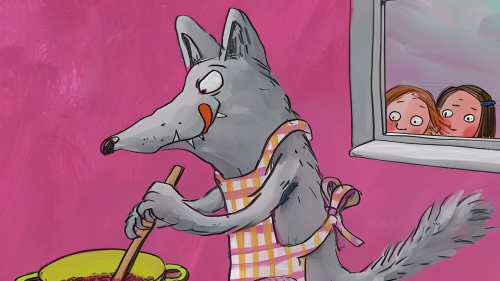 Das Bild zeigt das Cover eines Kinderbuches mit dem Titel „Der Marmeladenwolf“. Es ist in bunten Farben gehalten und zeigt einen Wolf in einer Schürze, der in einem Topf Marmelade rührt. Im Hintergrund sind zwei Mädchen in einem Fenster zu sehen. 
