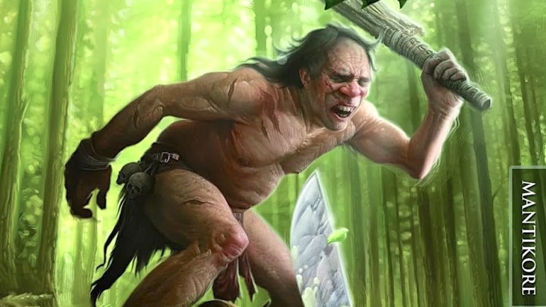 Das Buchcover zeigt eine Art Steinzeitmenschen - einen Oger - der mit einer Keule schwingend, den Mund zum Schrei geöffnet vor einer Waldszenerie abgebildet ist. Er scheint in Bewegung zu sein. Direkt vor ihm sieht man eine Schatztruhe und aus dem rechten
