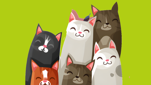 Eine gezeichnete Katzengruppe mit Katzen unterschiedlicher Fellfärbung sitzt vor einem grünen Hintergrund.