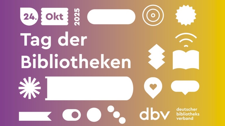 Grafik mit „Tag der Bibliotheken 24. Okt 2025” und verschiedenen Bibliotheks- und Digital-Symbolen auf einem gelb-violetten Farbverlaufshintergrund, mit dem dbv-Logo unten rechts.
