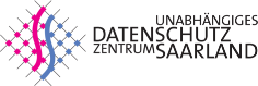Logo des Unabhängigen Datenschutzzentrums Saarland mit stilisierten rosa und blauen Linien und Punkten auf der linken Seite und dem Namen der Organisation in deutscher Sprache auf der rechten Seite.