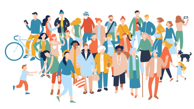 Illustration einer vielfältigen Gruppe von Menschen unterschiedlichen Alters und Stils, darunter Kinder, Erwachsene, ältere Menschen und ein Hund, die gemeinsam im Freien stehen.